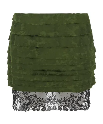 Saint Laurent Layered Cotton And Silk-blend Lace-trimmed Jacquard Mini Skirt In Green