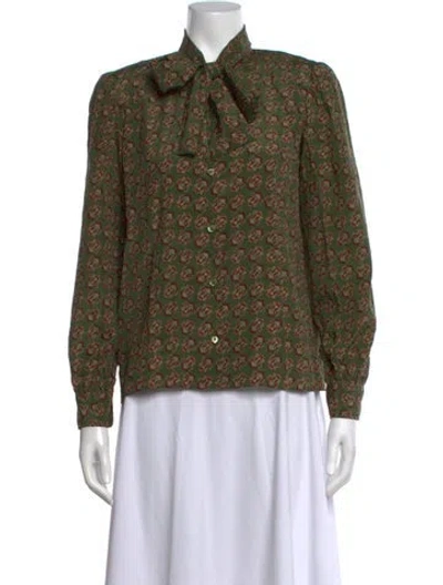 Pre-owned Saint Laurent Patterned Tie Neck Blouse In Green