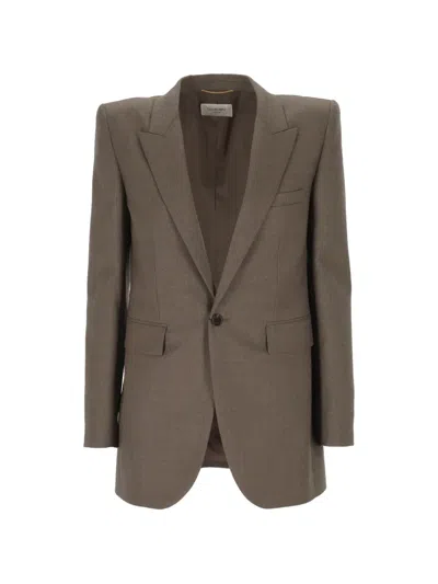 Saint Laurent Peak-lapels Single-breasted Blazer In Brown