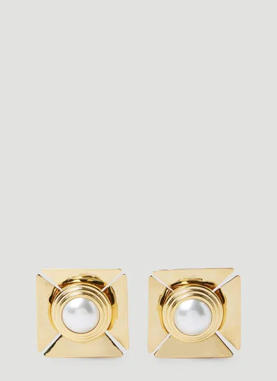 Saint Laurent Pearl Square Earrings In Gold