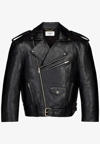 Saint Laurent Pebbled Leather Biker Jacket In Black