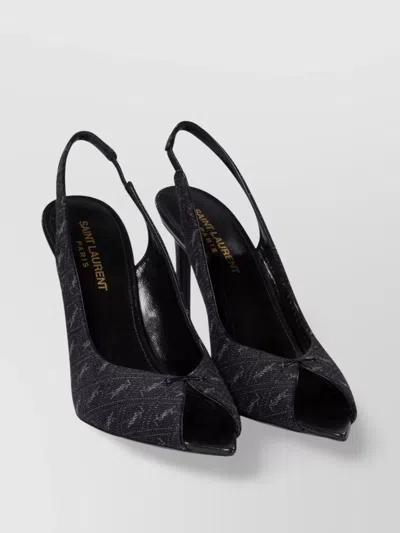 Saint Laurent Peep Toe Textured Fabric Heeled Shoes In Black