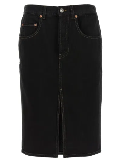 Saint Laurent Cotton Denim Midi Skirt In Black