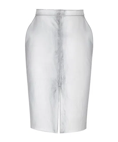 Saint Laurent Pencil Skirt In Metallic Leather In White