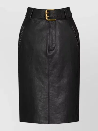 Saint Laurent Pencil Skirt Leather Waist Belt Pockets In Black
