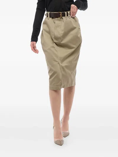 Saint Laurent Pencil Skirt With Leather Belt In Neutrals