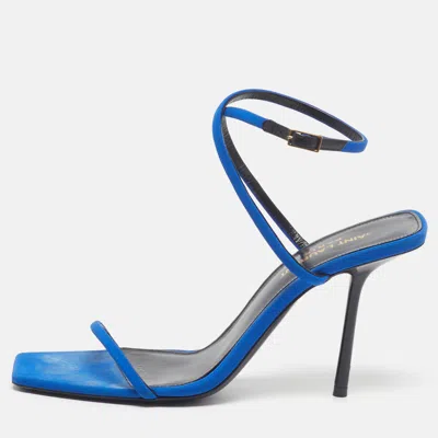 Pre-owned Saint Laurent Picasso Size 37.5 Blue Suede Ankle Strap Sandals