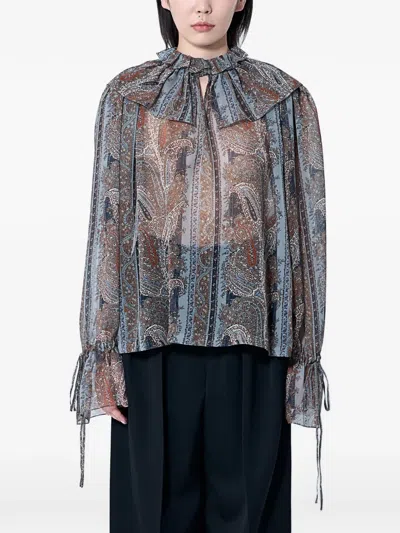 Saint Laurent Pierrot Collar Drawstring Blouse In Gray