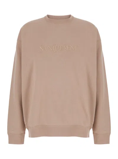 Saint Laurent Pink Crewneck Sweatshirt With Logo Lettering On The Front In Cotton Woman In Brown