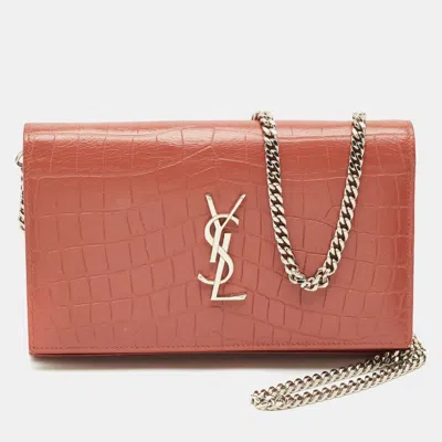 Pre-owned Saint Laurent Pink Croc Embossed Leather Monogram Wallet On Chain