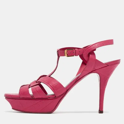 Pre-owned Saint Laurent Pink Croc Embossed Tribute Sandals Size 39