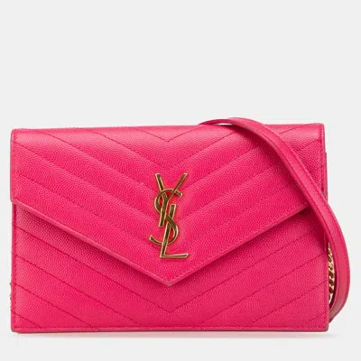 Pre-owned Saint Laurent Pink Grain De Poudre Cassandre Envelope Chain Wallet