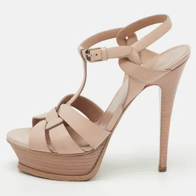Pre-owned Saint Laurent Pink Leather Tribute Platform Ankle Strap Sandals Size 37