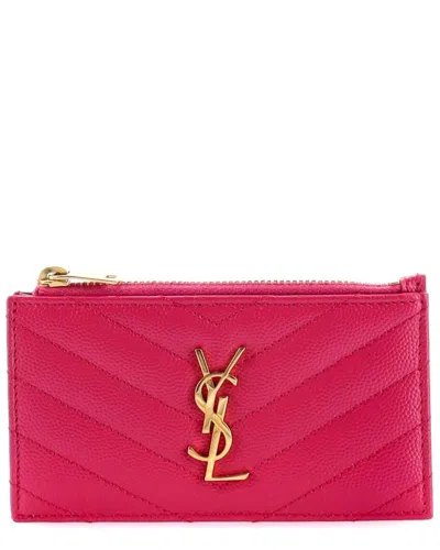 Saint Laurent Pink Sheep Leather Monogram Fragments Zip Card Holder Matelasse  Chevron (authentic Pr