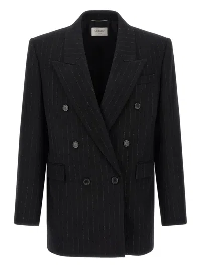 Saint Laurent Pinstripe Double-breasted Blazer In Black