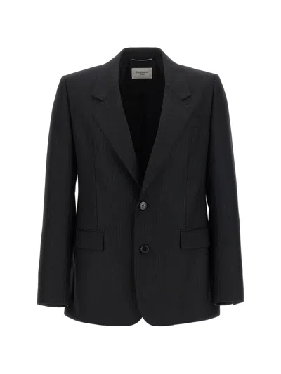 Saint Laurent Pinstripe Wool Blazer In Gray
