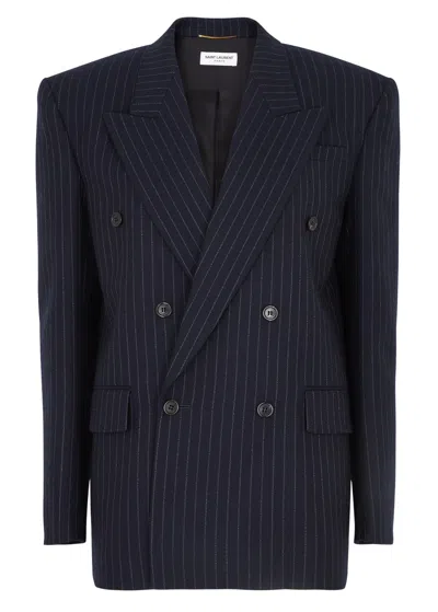 Saint Laurent Pinstriped Wool Blazer In Navy