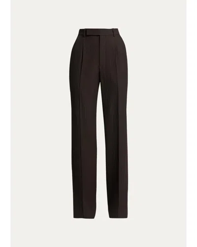 Saint Laurent Pinstriped Wool Crepe De Laine Straight-leg Trousers In Brown