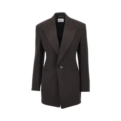 Saint Laurent Pinstriped Wool Single-breasted Jacket In Gray