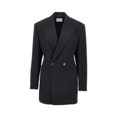 Saint Laurent Pinstriped Wool-blend Double-breasted Jacket In Black
