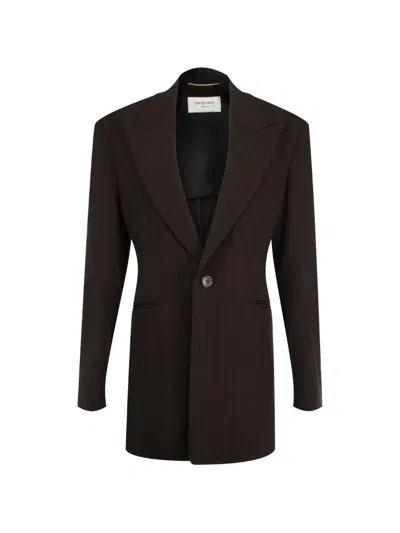 Saint Laurent Pinstripe-pattern Peak-lapels Blazer In Brown