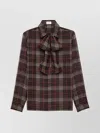 Saint Laurent Plaid Bow Detail Collared Neck Long Sleeves In Brown
