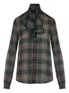 Saint Laurent Plaid Bow-tie Blouse In Green