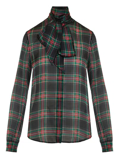 SAINT LAURENT PLAID BOW-TIE BLOUSE