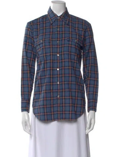 Pre-owned Saint Laurent Plaid Print Long Sleeve Button-up Top In Blue