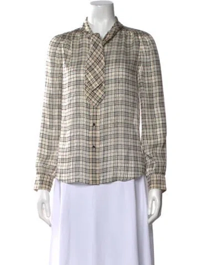 Pre-owned Saint Laurent Plaid Print Tie Neck Blouse In Neutral