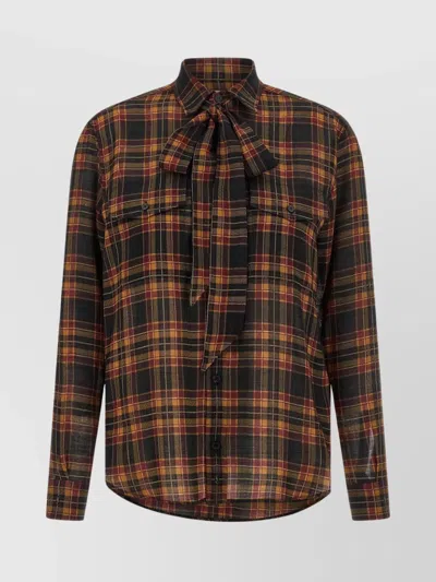 Saint Laurent Plaid Shirt Featuring Bow Detail And Pockets In Multi