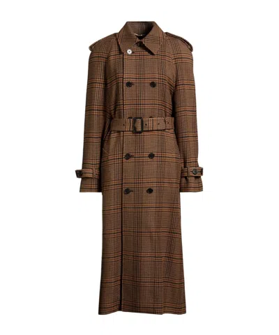 Saint Laurent Plaid Wool Double- Coat In Brown