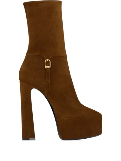 Saint Laurent Platform Block-heel Lambskin Boots In Brown