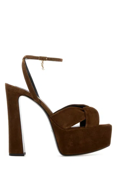 Saint Laurent Platform Suede Franciane Sandals In Brown