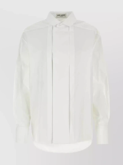 Saint Laurent Pleated Back Stand Collar Shirt In White