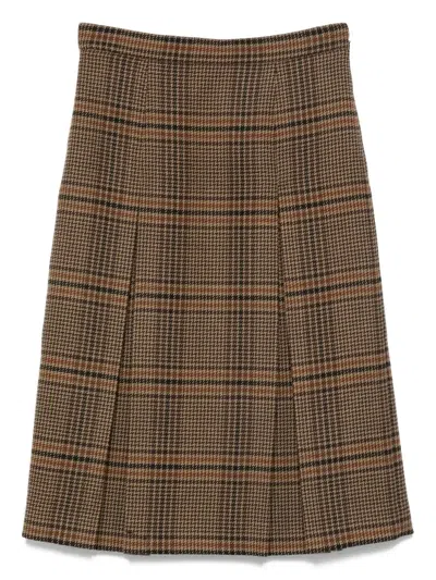 Saint Laurent Pleated Check Midi Skirt In Brown