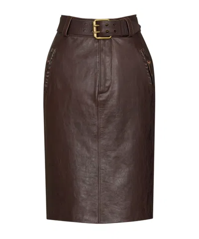 Saint Laurent Pleated Leather Belted Pencil Skirt In Brown