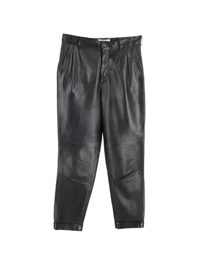 Pre-owned Saint Laurent Pleated Leather Trousers In Black