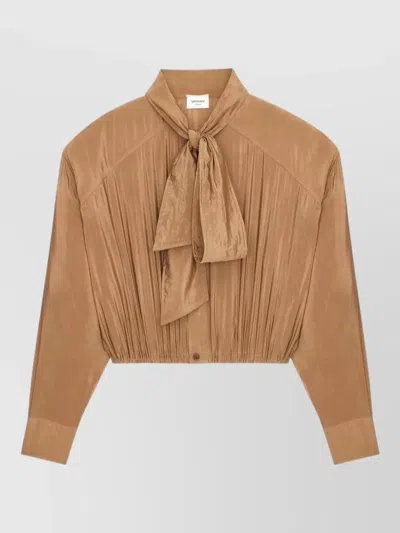 Saint Laurent Pleated Long Sleeve Cropped Top Bow Detail In Brown