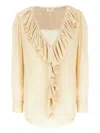 Saint Laurent Beige Blouse With V Neck And Ruffles On Front And Rear In Silk Woman In Brown