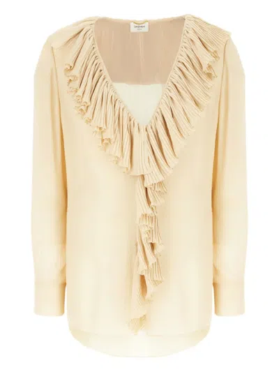 Saint Laurent Beige Ruffled Blouse In Silk In Gold