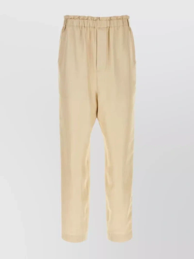 Saint Laurent Pleated Satin Straight Leg Pant With Side Pockets In Cream