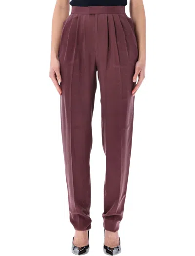 Saint Laurent Pleated Silk-habotai Straight-leg Pants In Burgundy