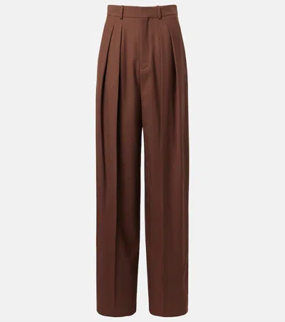 Saint Laurent Pleated Wool Gabardine Wide-leg Pants In Brown