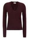 Saint Laurent Ribbed V-neck Knit Sweater With Long Sleeves In Burgundy