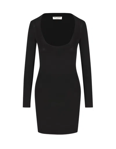 Saint Laurent Plunging Round Neck Long In Black