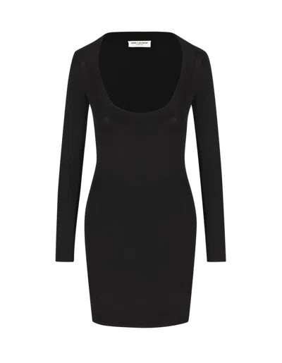 SAINT LAURENT PLUNGING ROUND NECK LONG-SLEEVED DRESS