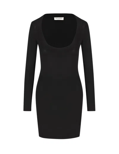 Saint Laurent Plunging Round Neck Long-sleeved Dress In Black