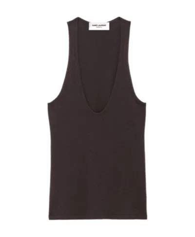 Saint Laurent Plunging U-neck Cashmere Tank Top In Brown