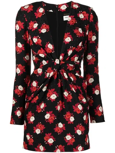 Saint Laurent Rose Print Plunge Neck Long Sleeve Silk Minidress In Multi
